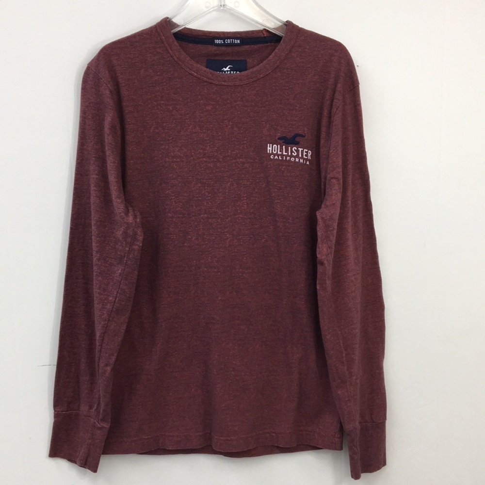 Hollister Mens Applique Logo Long Sleeve Burgundy Navy Tee Size XS EXCELLENT